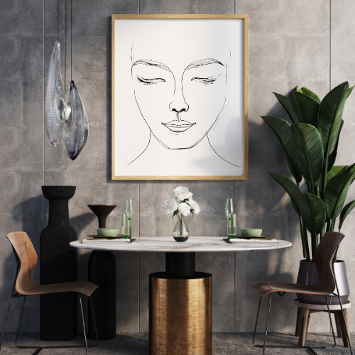 Modern interior with a marble table, chairs, and abstract art on a gray wall.