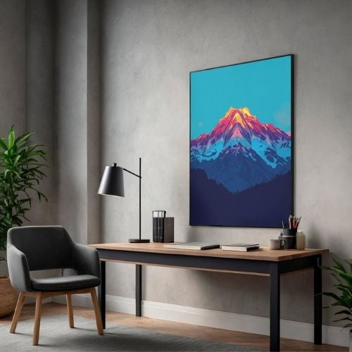 Modern office setup with a desk, chair, lamp, and mountain-themed artwork on the wall.