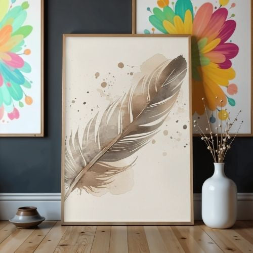 Watercolor Feather Wall Art Printable – Minimal Boho Nature Illustration, Neutral Home Decor