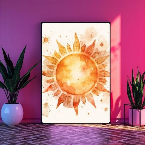 Watercolor Sun Wall Art Printable – Celestial Solar Illustration, Boho Astrology Home Decor