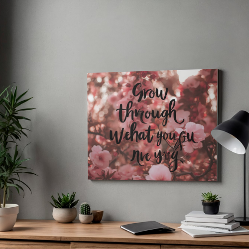 Decorative wall art with motivational quote above a wooden desk with plants and books.