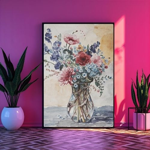 Watercolor Floral Vase Wall Art Printable – Elegant Flower Bouquet Painting, Vintage Home Decor