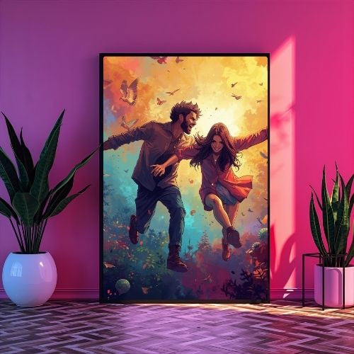 Dancing couple silhouette art print in vibrant frame with pink purple neon lights modern bedroom styling