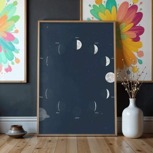 Moon Phases Wall Art Printable – Lunar Cycle Illustration, Night Sky Astronomy Poster, Modern Educational Decor