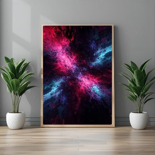 Framed abstract artwork with pink and blue hues on a gray wall, flanked by two potted plants.