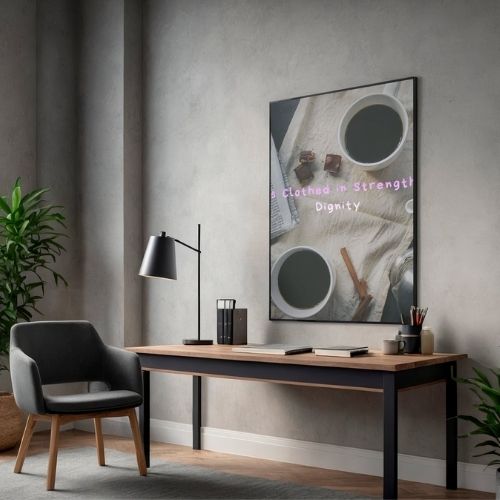 Modern home office with a desk, chair, lamp, and framed artwork on a gray wall.