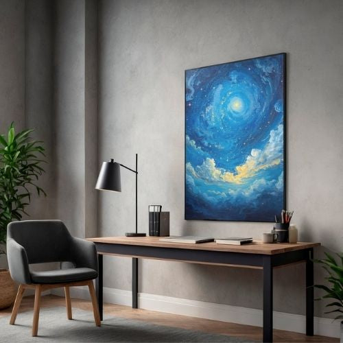 Modern home office with a desk, chair, lamp, and wall art of a starry night sky.