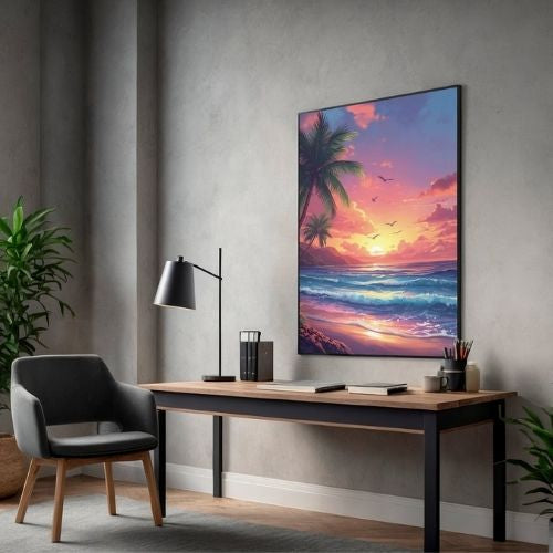 Modern home office with a desk, chair, lamp, and a large framed artwork of a sunset over the ocean.