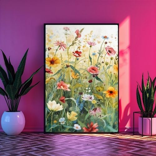 Wildflower Meadow Wall Art Printable – Colorful Botanical Watercolor, Cottagecore Home Decor