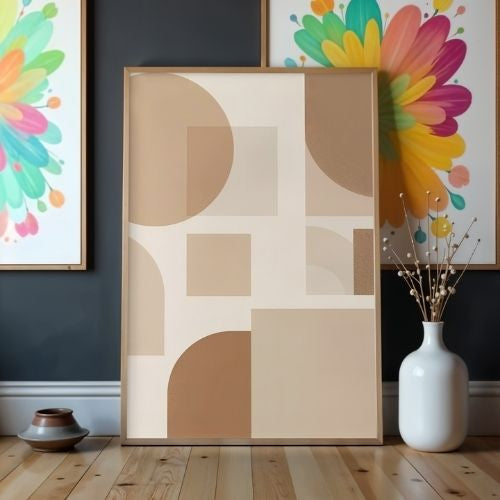 Beige abstract art piece on a wall with colorful floral prints and a white vase.