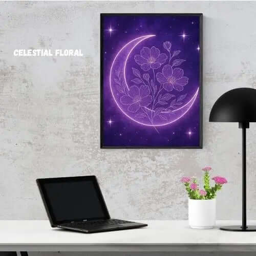 Floral Moonlight – Digital Wall Art for Dreamy Spaces featuring a glowing crescent moon and delicate flowers.