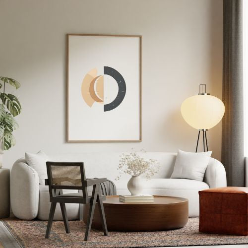 Modern living room with a white sofa, wooden coffee table, and abstract art on the wall.