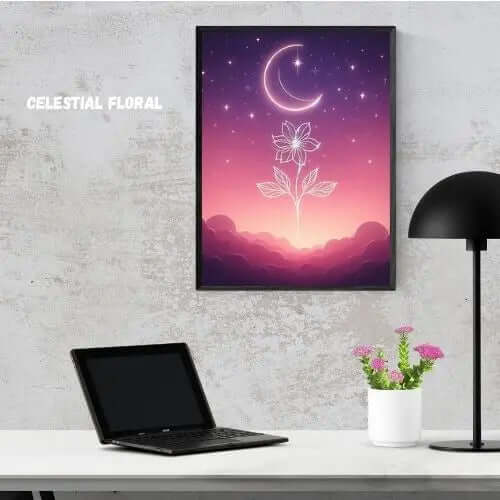 Floral Moonlight – Digital Wall Art for Dreamy Spaces featuring a glowing crescent moon and a delicate flower design.