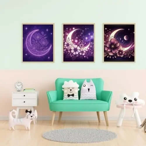 Floral Moonlight – Digital Wall Art for Dreamy Spaces displayed in a cozy living room with pastel decor.