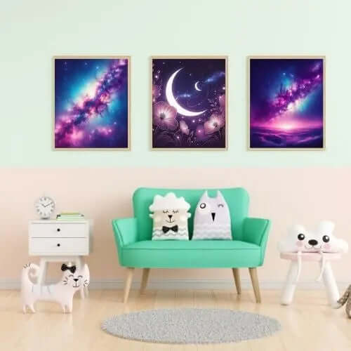 Floral Moonlight – Digital Wall Art for Dreamy Spaces displayed on wall above a light green couch in a whimsical living room.