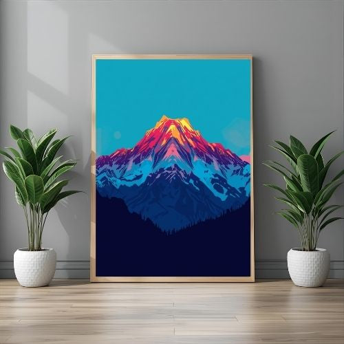 Framed mountain artwork on a wall with two potted plants on either side.