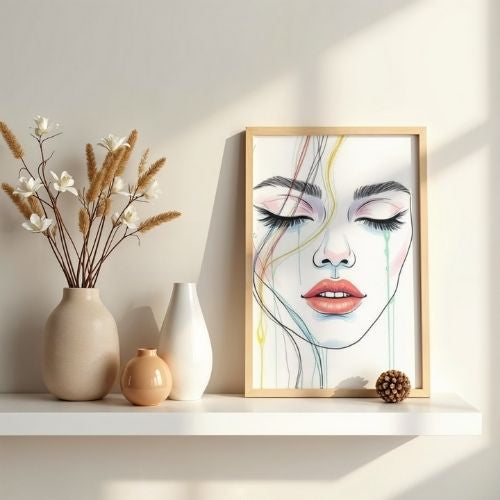 Minimalist woman face line art print with red lips displayed on white shelf with neutral boho decor