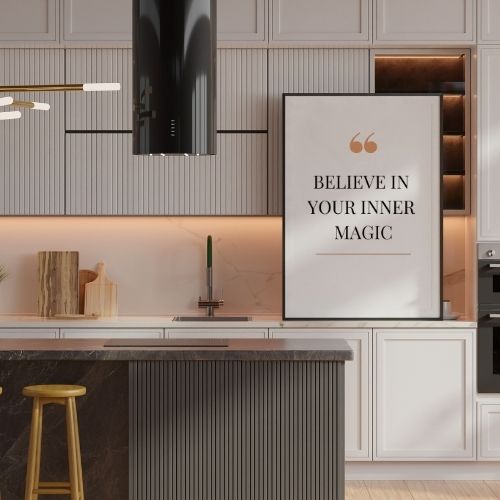 Modern kitchen interior with motivational poster on a wall