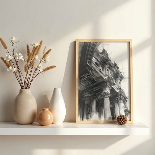 Architectural Wall Art Printable – Classical Building Sketch, Black and White Architecture Illustration