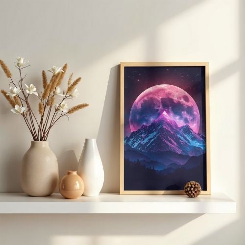 Cosmic Mountain Wall Art Printable – Neon Moon Fantasy Landscape, Synthwave Sci-Fi Home Decor