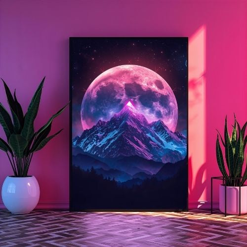 Cosmic Mountain Wall Art Printable – Neon Moon Fantasy Landscape, Synthwave Sci-Fi Home Decor