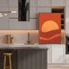 Modern kitchen interior with a sunset mural on the wall.