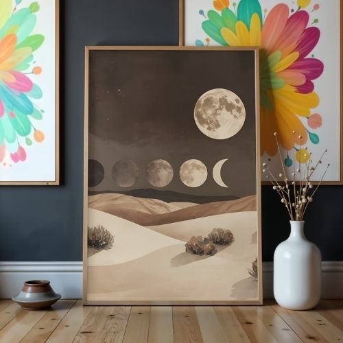 Framed artwork of moon phases in a desert landscape with colorful abstract art in the background.