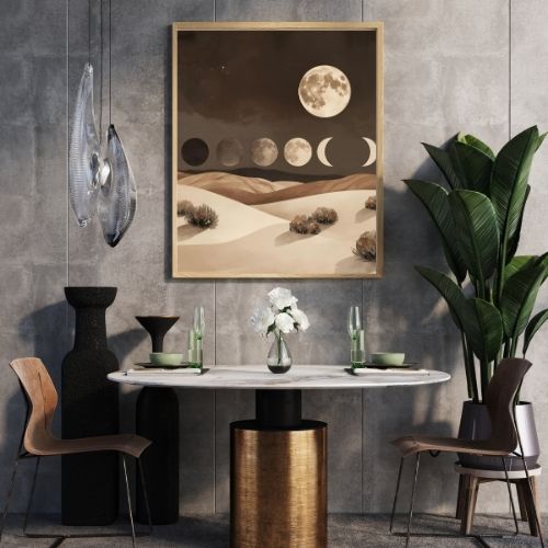 Modern interior with a dining table, chairs, and wall art depicting moon phases.