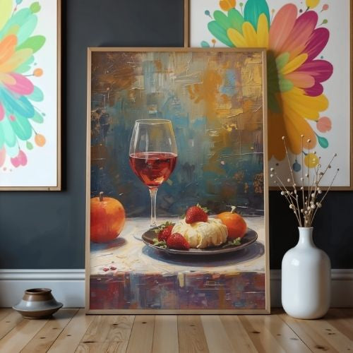 Wine glass and fruit still life printable art on minimalist shelf with rainbow flower vase and black bottle

