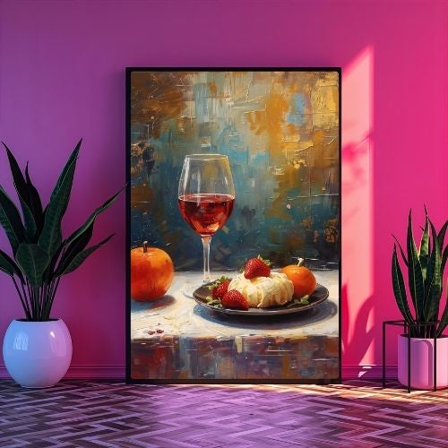 Wine glass and fruit still life printable art on minimalist shelf with rainbow flower vase and black bottle

