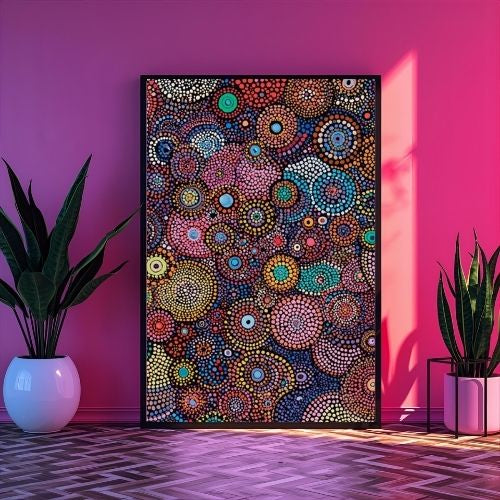 Colorful abstract wall art in a room with pink walls and plants.