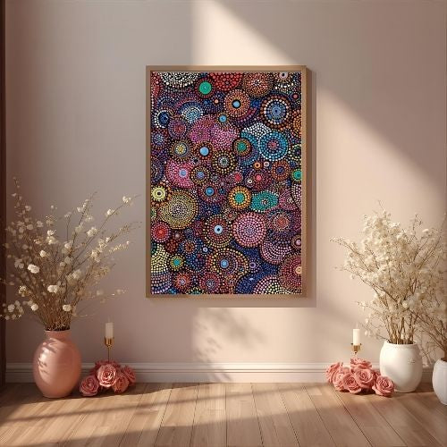 Decorative wall art with floral patterns in a room with flowers and candles on the floor.