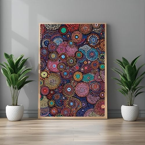 Framed colorful abstract art piece on a wall with two potted plants.