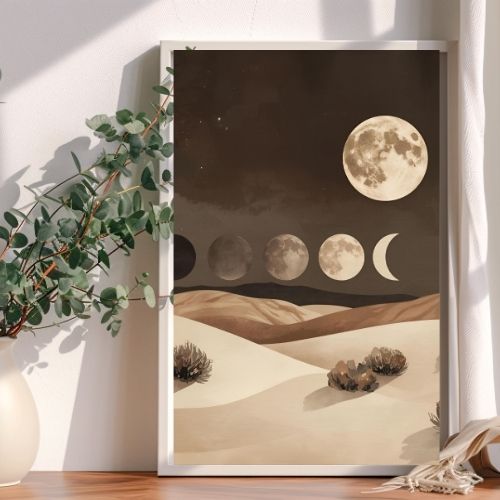 Framed artwork of moon phases over a desert landscape on a wall with a plant and decor items.