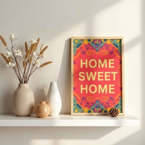 Home Sweet Home wall art print with red orange floral design displayed on white shelf with neutral boho decor