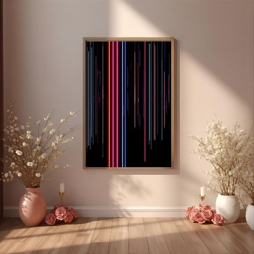 Neon vertical lines abstract wall art with glowing red and blue light streaks on black background, modern digital printable artwork
