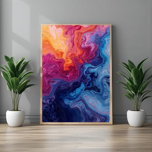 Colorful abstract painting in a wooden frame on a gray wall with two potted plants.