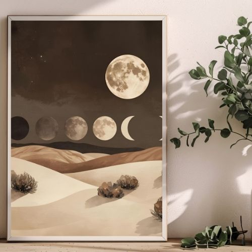 Framed artwork of moon phases and desert landscape on a wall with a plant.
