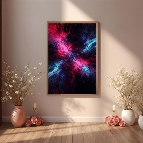 Framed abstract artwork on a wall with decorative elements below