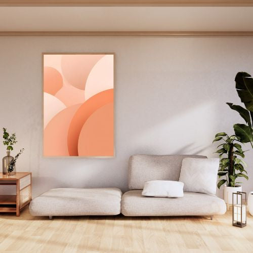 Modern living room with a beige sofa, abstract art, and plants.