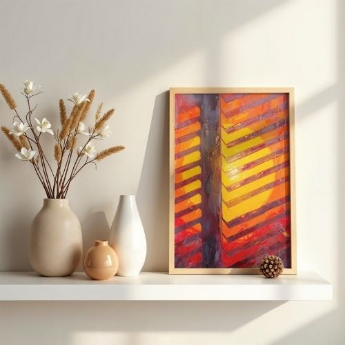 Modern bedroom wall art print featuring cozy bed with soft pillows and warm abstract painting in minimalist interior

