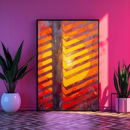 Modern bedroom wall art print featuring cozy bed with soft pillows and warm abstract painting in minimalist interior

