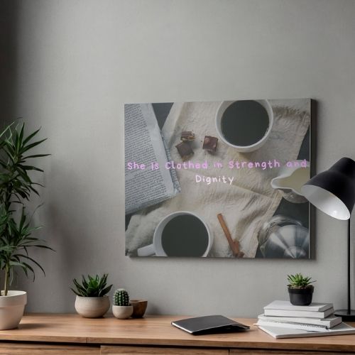 Decorative wall art with text on a neutral wall above a wooden desk with plants and books.