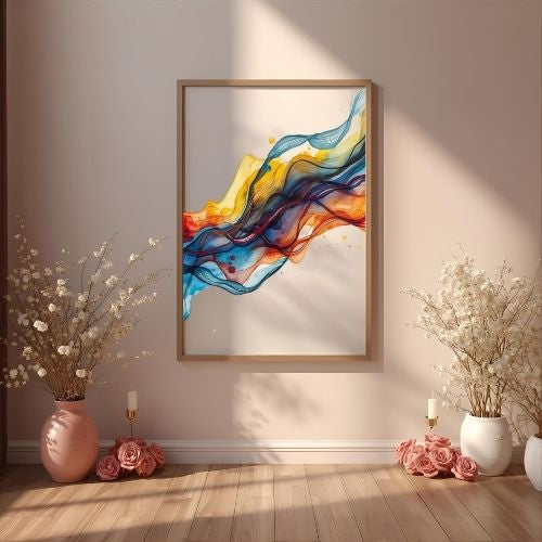 Colorful abstract art piece in a wooden frame on a wall with decorative elements below.