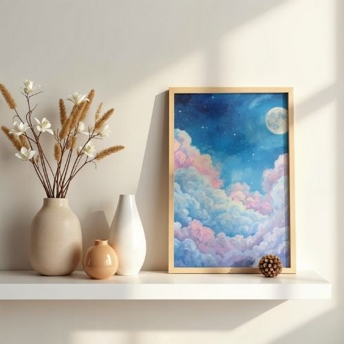Dreamy pastel sky wall art print with blue pink clouds displayed on minimalist white shelf with neutral home decor

