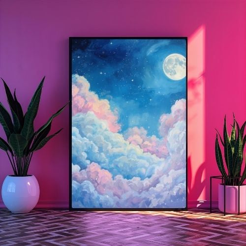 Dreamy pastel sky wall art print with blue pink clouds displayed on minimalist white shelf with neutral home decor
