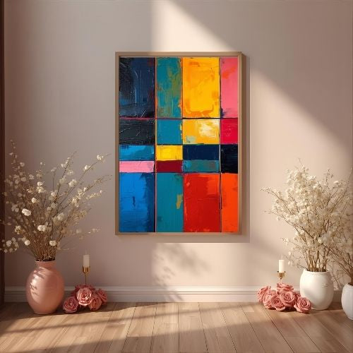 Colorful abstract art piece on a wall with decorative elements below.