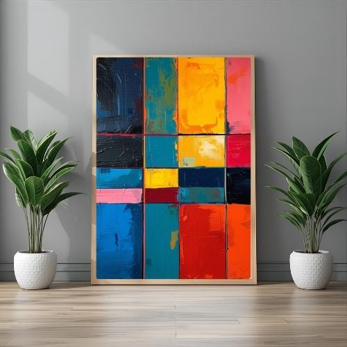 Colorful abstract art piece in a wooden frame on a gray wall with two potted plants.