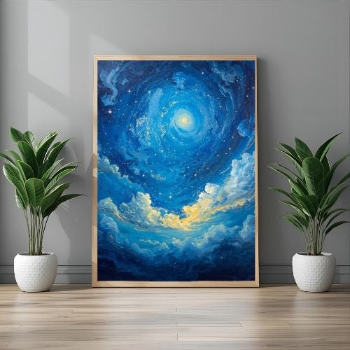 Framed artwork of a starry night sky with two potted plants on either side.