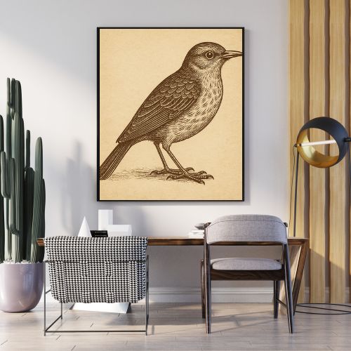 Framed bird artwork on a wall above a desk with chairs.